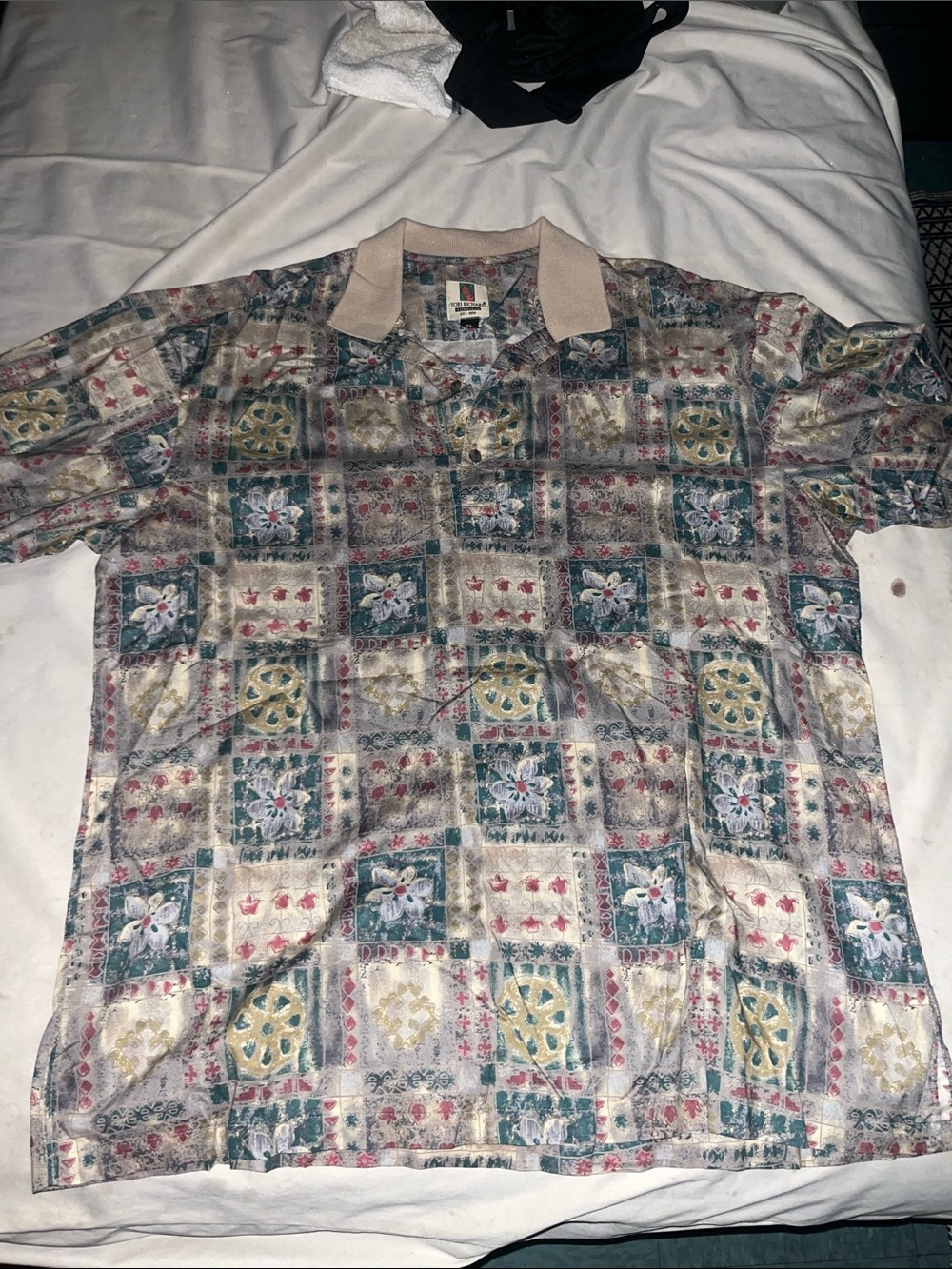 Tori Richard Beige Collared Polo with Green, Red and Gold Tile Print